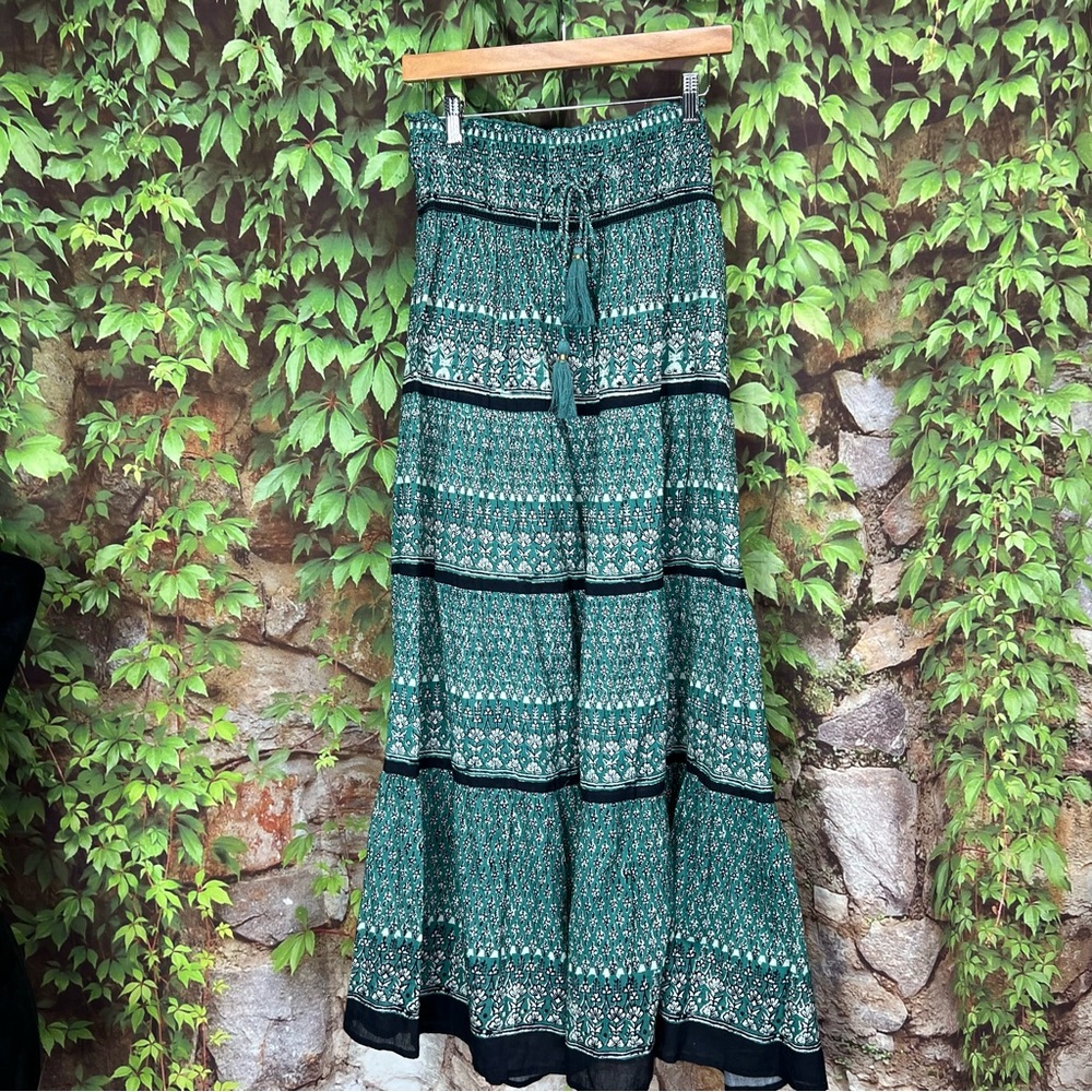 M.A.B.E. Mari Boho Patterned Green Shirred Maxi Skirt, M - Picture 14 of 16